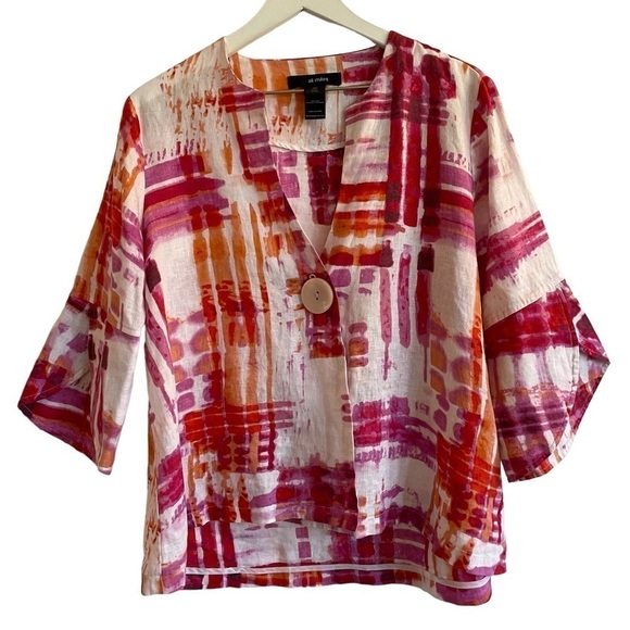 Ali Miles 100% Linen Pink & Orange Watercolor One Button Jacket, Size PM - Picture 1 of 7